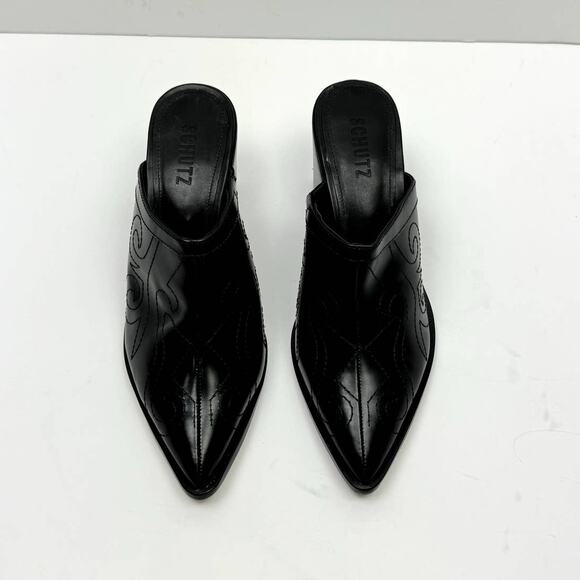 NEW Schutz Zarly Black Leather Western Stitched Slip On Heel Mules - Picture 4 of 13